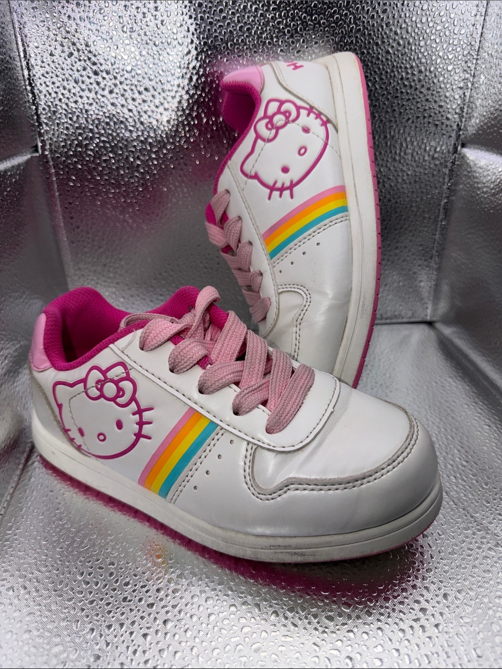 Hello Kitty White Sneakers with Pink Trim and Rainbow Stripe girls Sz 1